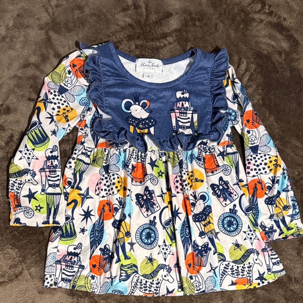 Mini Boden Navy Ruffle Christmas Print Long-Sleeve Top for toddler girl